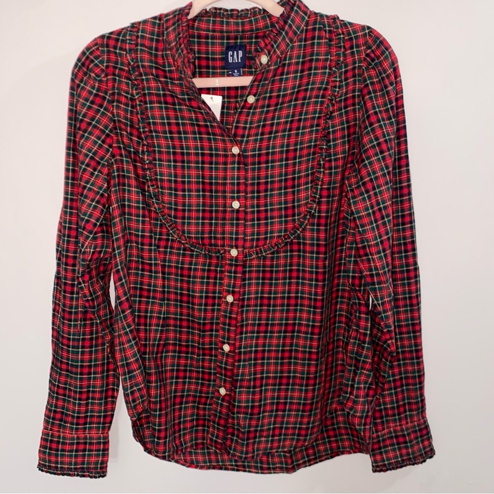 GAP Ruffle Collar Plaid Button Up Blouse, Size Small, NWT, Cottage Core